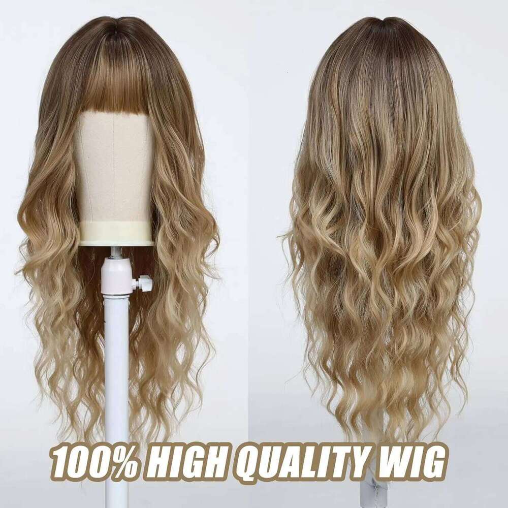Ombre Synthetic Long Wavy Wig with Fluffy Bangs Women Natural Hair Brown Blonde Highlight Wigs for Daily Cosplay Use