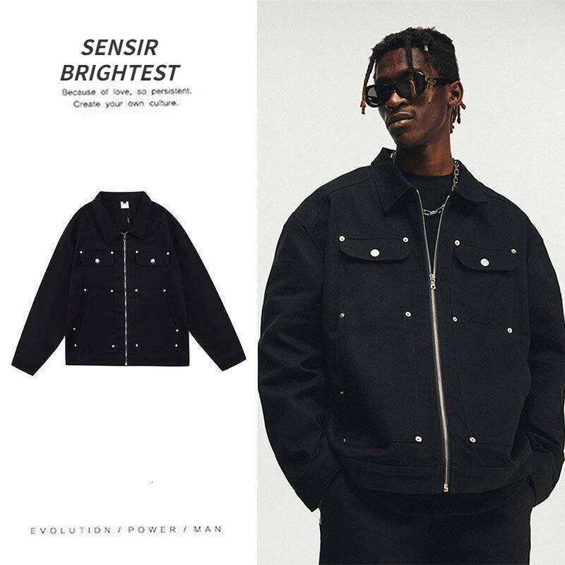 American Style High Street Metal Stud Denim Brand Retro Hip-Hop Washed Loose Zipper Crock Jacket Men's 250704
