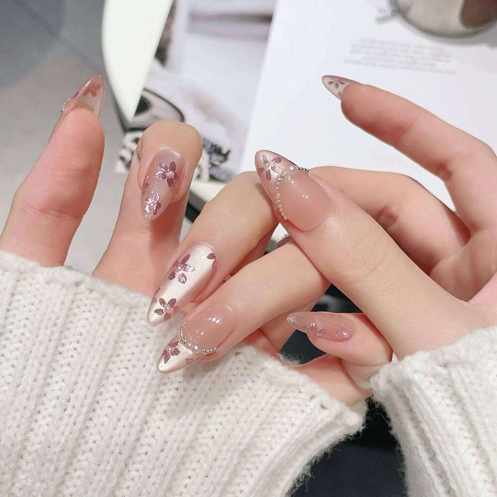 10Pcs Handmade Al Press On Flash Gradient Wear Pink Flower Design French False Nails Wearable Manicure Nail Tips X250704