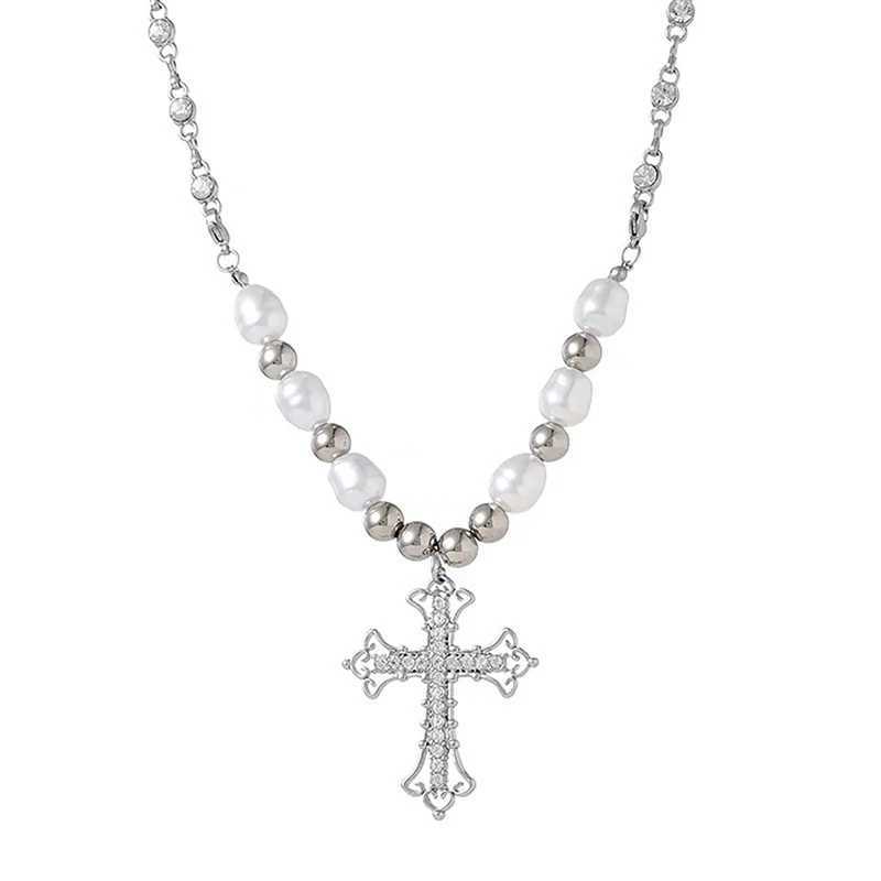 Fashion Necklace Retro Diamond Inlaid Pearl Pendant Necklace Punk Hip Hop Cross Chain Exquisite Party Jewelry Gifts For Women Y250704