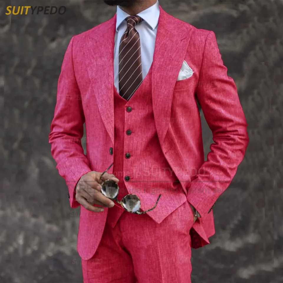 New Summer Linen Suit Set for Men Wedding Birthday Party Custom Men Slim Fit Blazer Vest and Pants 3 Pieces Customized X250704