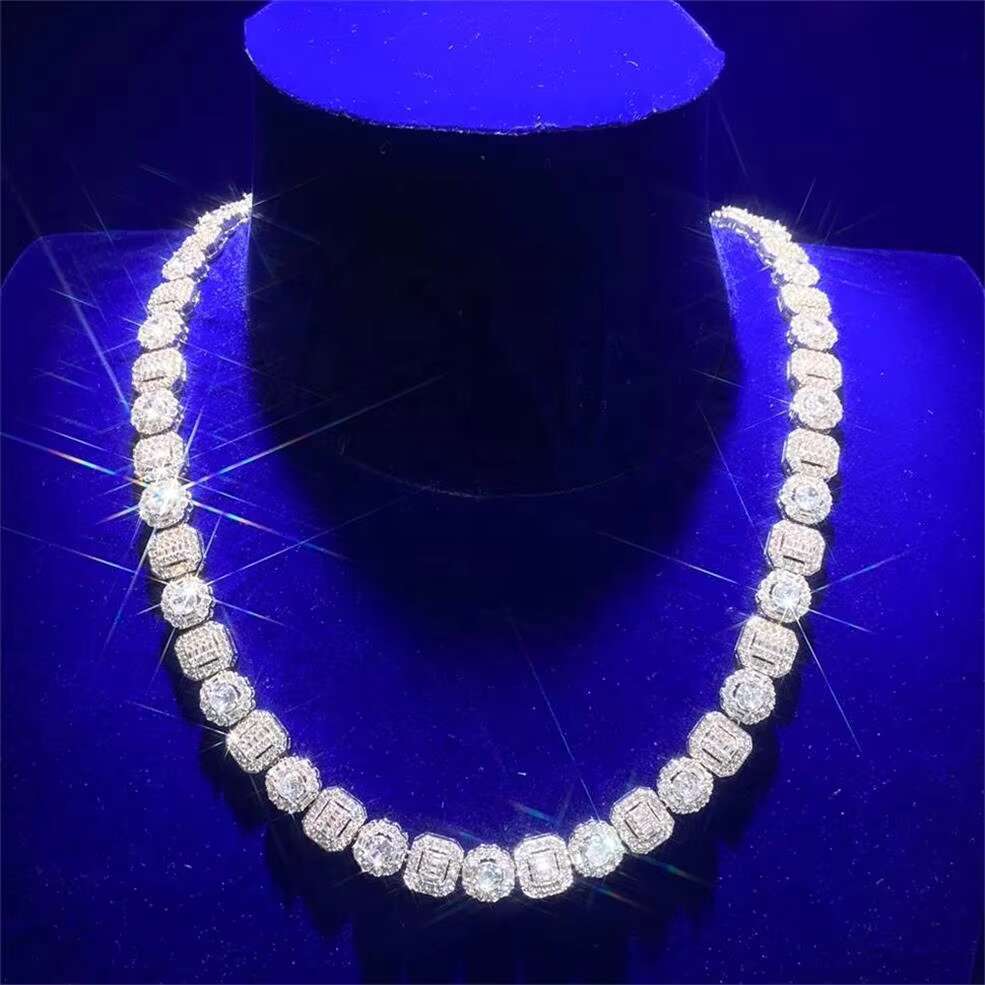 Real Sterling Silver White Gold Tone Ice Cube Cluster Square Links Ghost Hip Hop Men Tennis Chain Necklace