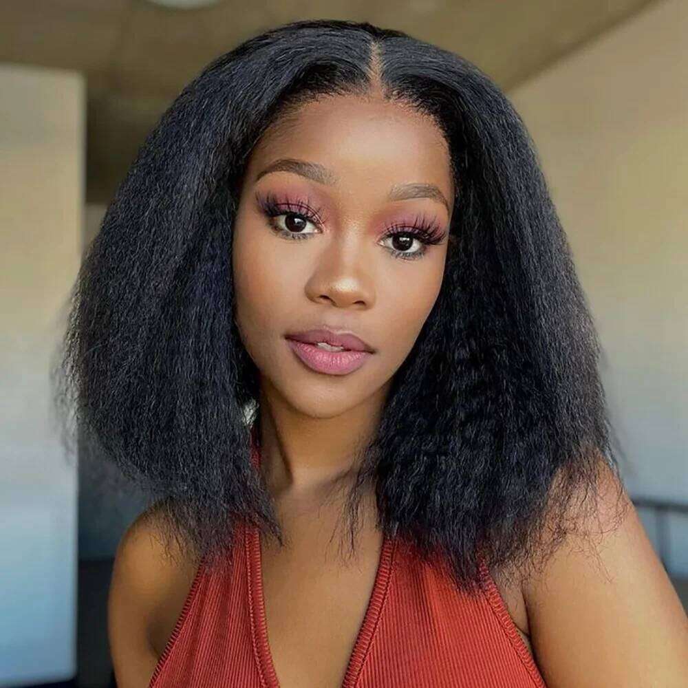 Transparent Kinky Straight Front Pre Plucked Yaki 5X5 Short Human Hair Wigs For Woman Natural Lace Closure Bob Wig