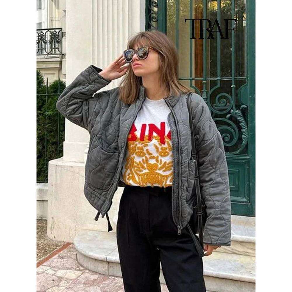 TRAF Women's Fashion Dia Plaid Cotton Winter Warm Pocket Vintage Casual Loose Long Sleeve Zipper Street Jacket 250704