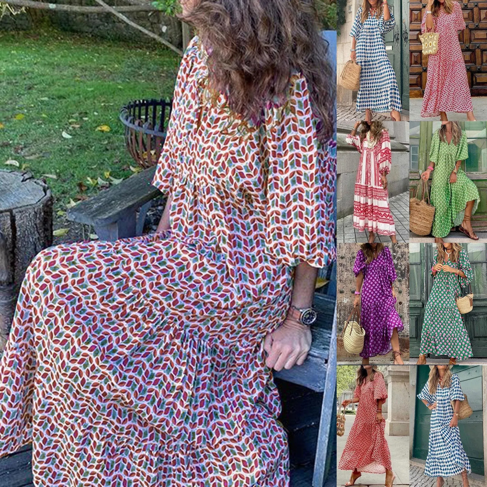 Puff Sleeve Boho Maxi Dress Elegant Women Summer Casual Floral Drawstring V-Neck Loose Holiday Beach Dresses Party Vestidos 250704