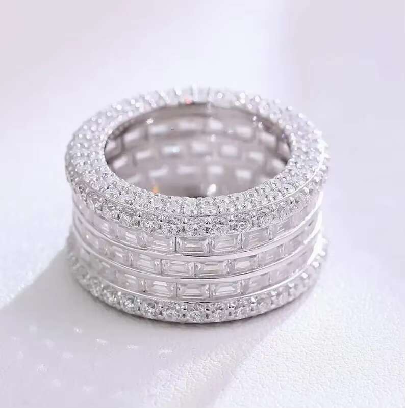 Shine Jewelry Double Layer Moissanite Diamond Hip Hop Ring Pass Diamond Tester VVS 925 Sterling Silver Moissanite Mens Ring