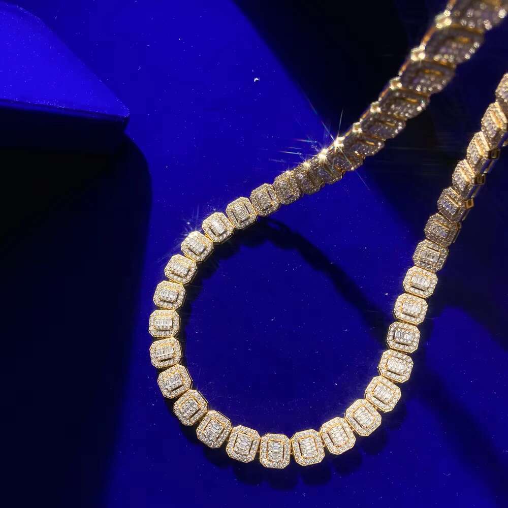 925 Sterling Silver Cz Baguette Paved Hip Hop Cluster Link Square Tennis Chain Necklace for Men
