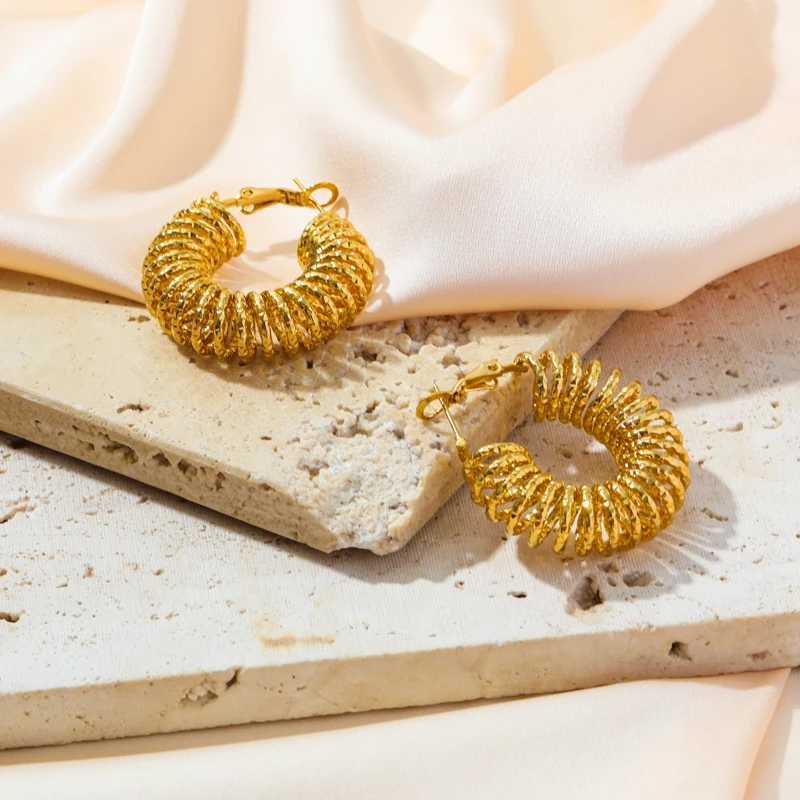 316L Stainless Steel Gold Plated Thread Hoop Earrings For Women Luxury Waterproof Ear Jewelry Party Wedding Gift Jewelry Y250704