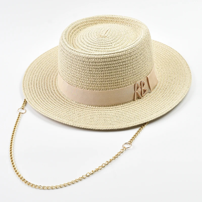 Fashionable Metal RB Letter Straw Hats for Women Elegant Ladies Party Dress Hats Summer Travel Beach Sun Hat Chapeau Femme 250703
