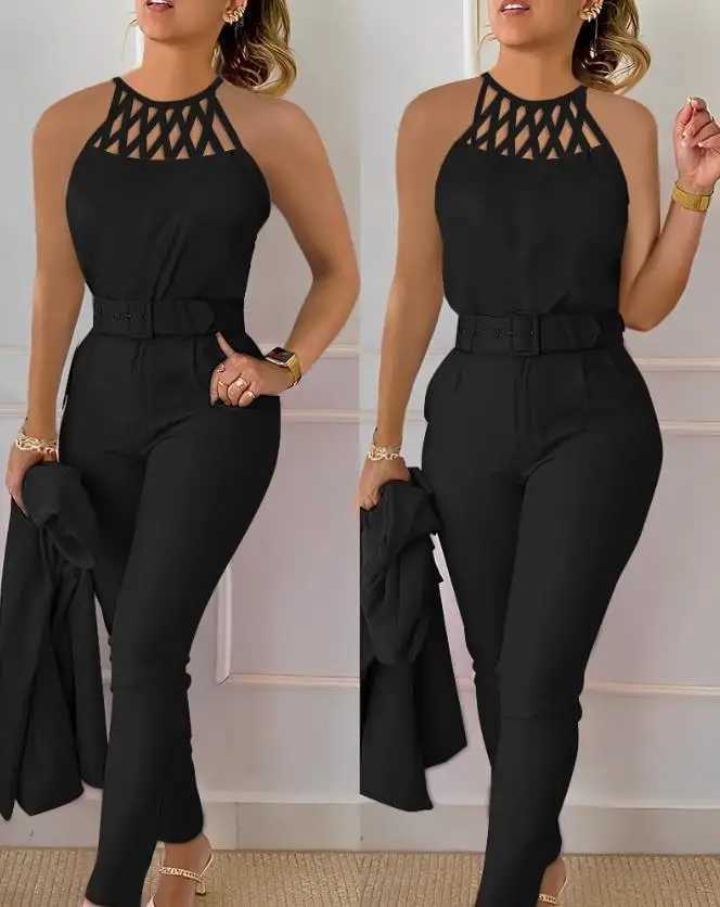 Two Piece Set Women Outfit 2024 Summer Fashion Hollow Out Round Neck Slveless Tank Top Casual Pocket Daily Pants Set X250704