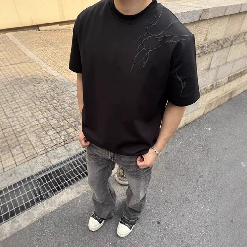 Thorn Embroidery Designer Short Sleeves Short Sleeve Men's Summer American High Street OOTD Half Sleeve Cleanfit Heavyweight Regular Shoulder T-s