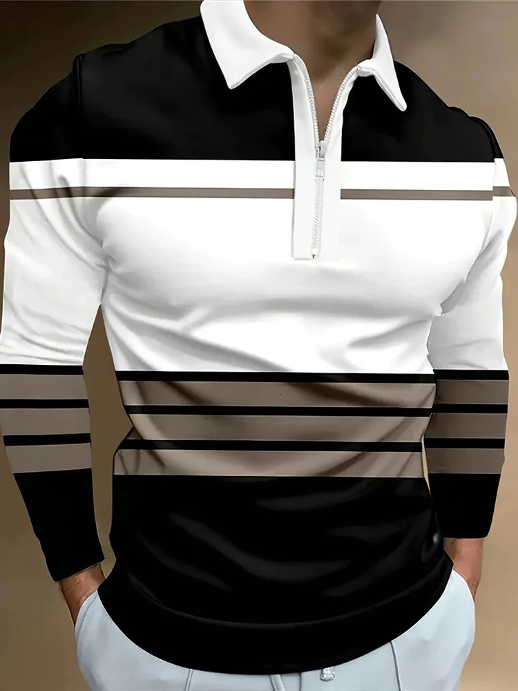 Mens Long Sleeved Polo Shirts Zipper Collar Shirt Striped Fashion Business Formal Outdoor Spring And Autumn Polo Shirt Collar 250704