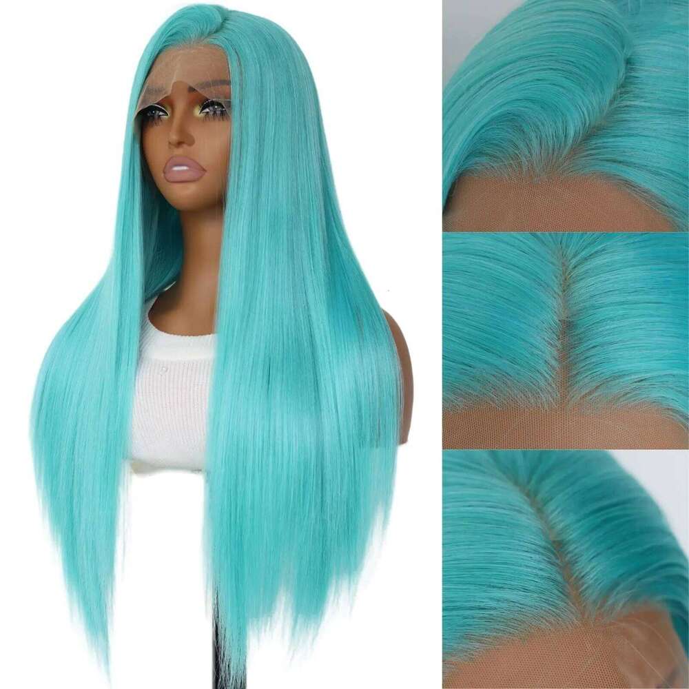Blue Color Synthetic Wigs for Fashion Women 24 Inch Long Silky Straight Hair Mint Green Wig 13x4 HD Lace Front W