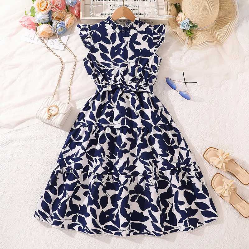 Royal Blue Leaves Printed Wing-Sleeve Belted Maxi Dress for Preteen Girls Vintage Modest Elegant Sle Dress R250704