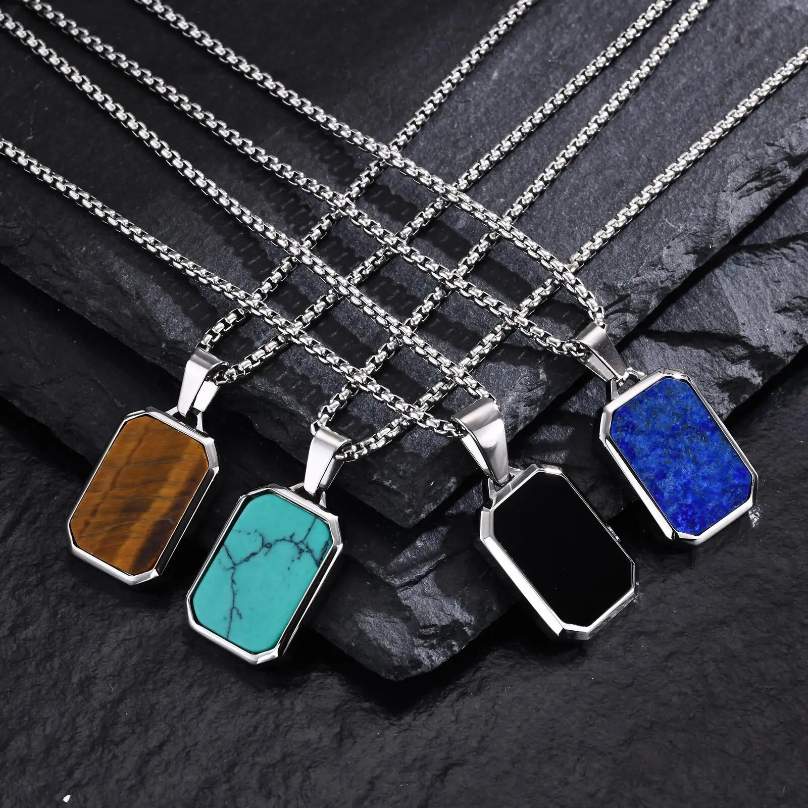 Trendy Pendant Necklaces for Men BoysSquare Natural Stone Stainless Steel Necklaces Hip Hop Cool Jewelry Gifts 250701