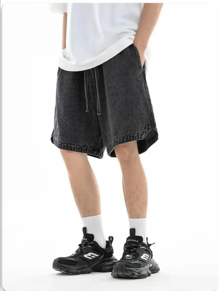 Korean Mens Hem Triangle Split n Denim Shorts Summer Beauty Embroidery Loose Five Pants 250704