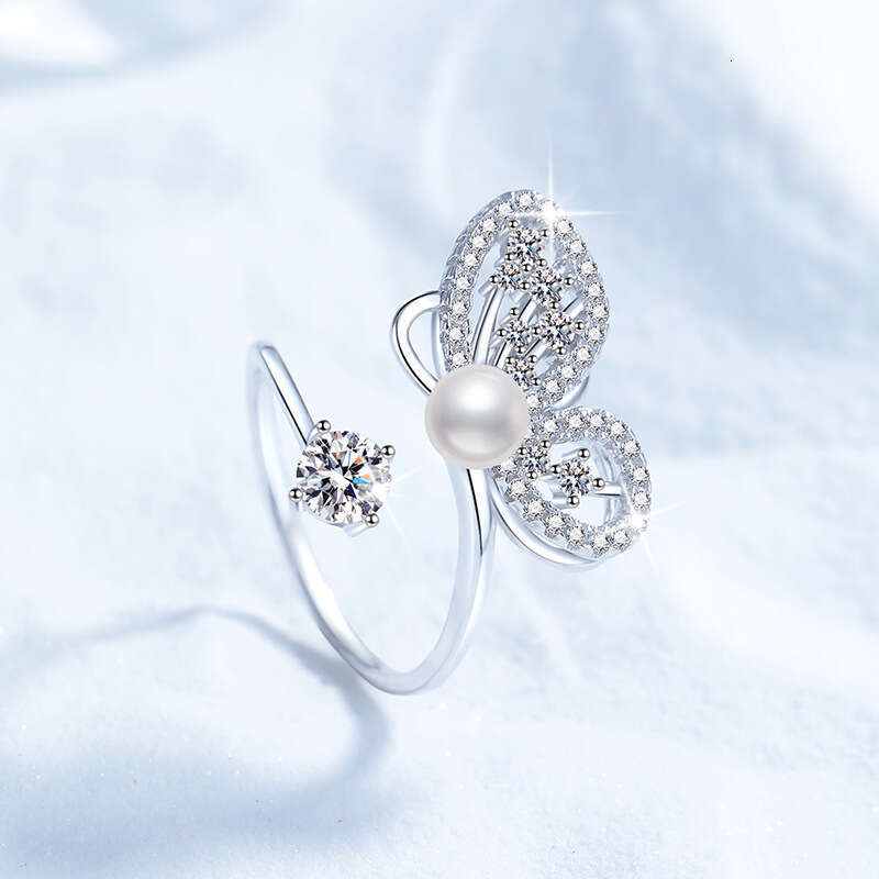 S925 Pure S925ilver MoiS925S925anite FreS925hwater Pearl Butterfly Ring AdjuS925table for Women 92f