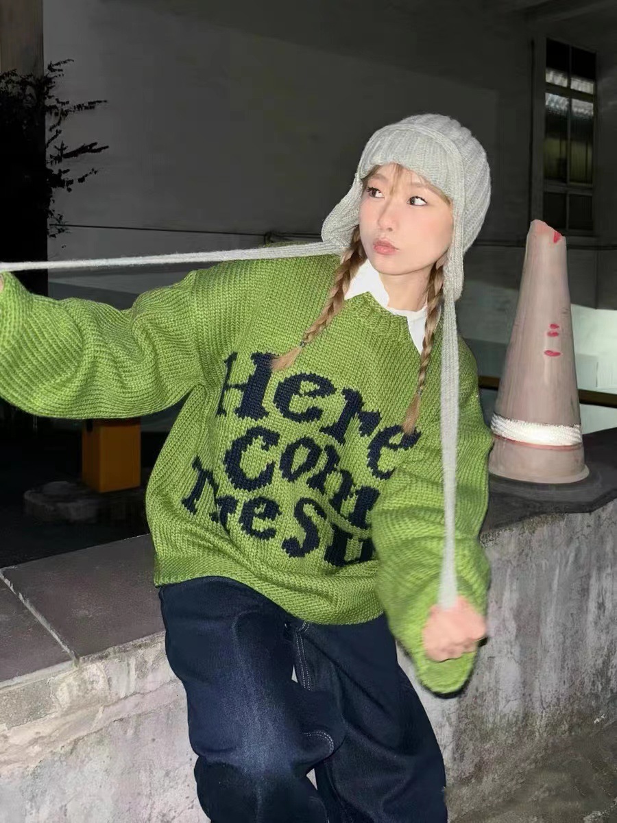 Orihara graphic printing Y2k knitted sweater hip-hop retro long sleeved fashionable punk streetwear Grunge Gothic Knitt Pullover 241014