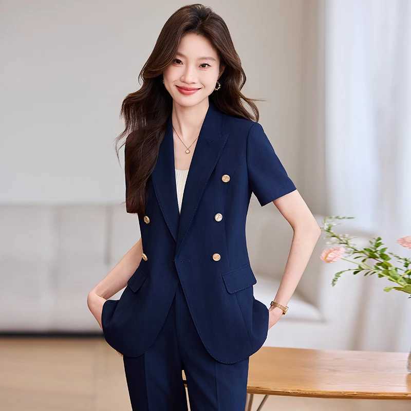 ZJYT Fashion Spring Summer Pant Suit Women Office Business Formal Short Slve Blazer Trousers Set 2 Piece Outfit Plus Size X250704