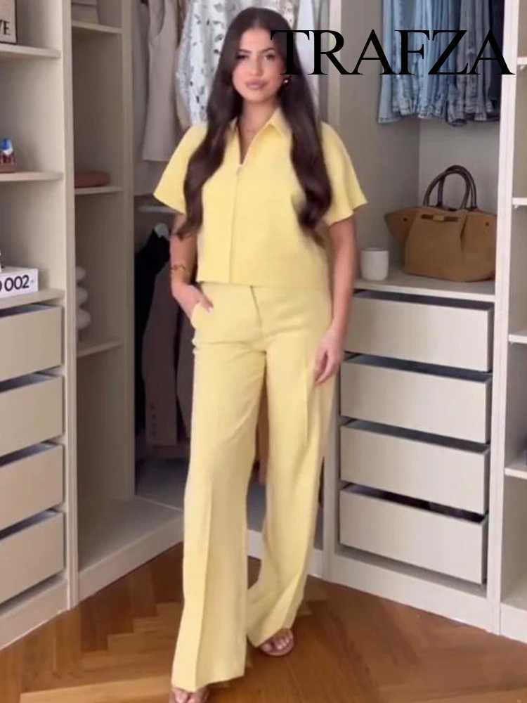 TRAFZA Women Fashion Solid Lapel Loose Zipper Loose Short Slve Top+High-Waist Zipper Side Pocket Wide-leg Casual Pants Suit X250704
