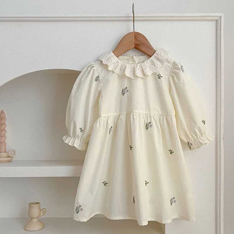 Girls Puff Sleeve Birthday Party Dress Autumn Kids Dress Vestidos Cotton Children Elegant Embroidered Flowers Dresses Clothes R250704
