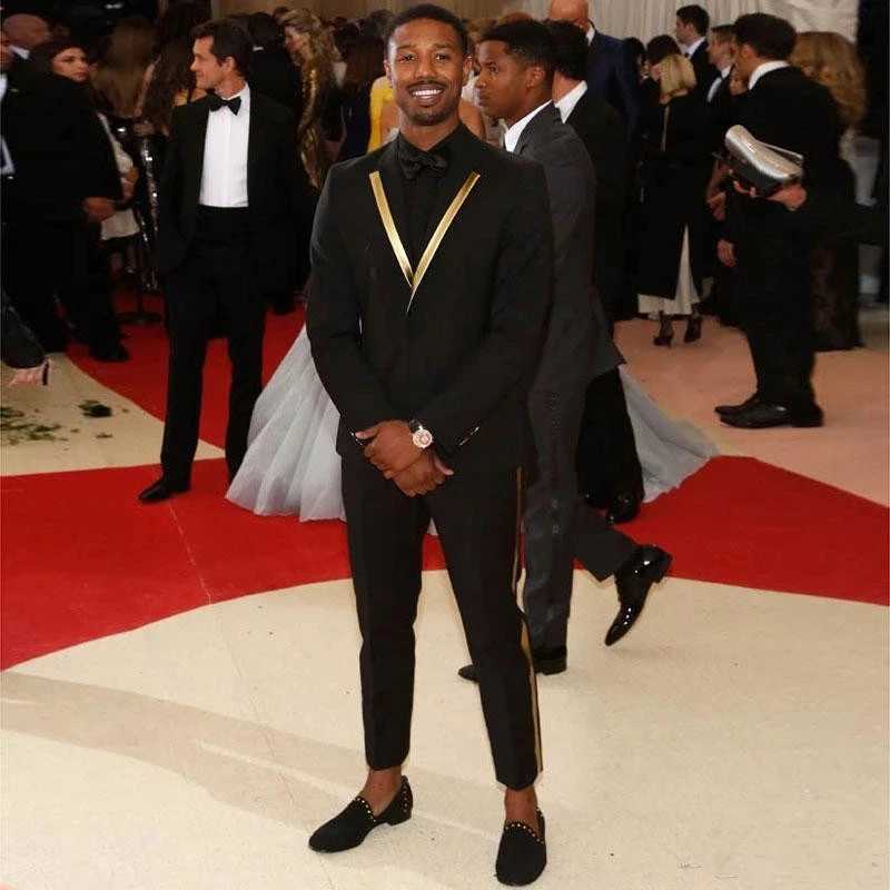 Black Men Suits for Ceremony Prom Party Slim Fit Groom Tuxedo Gold Lapel 2 Piece Best Man Blazer Latest Coat Pant Design Costume X250704