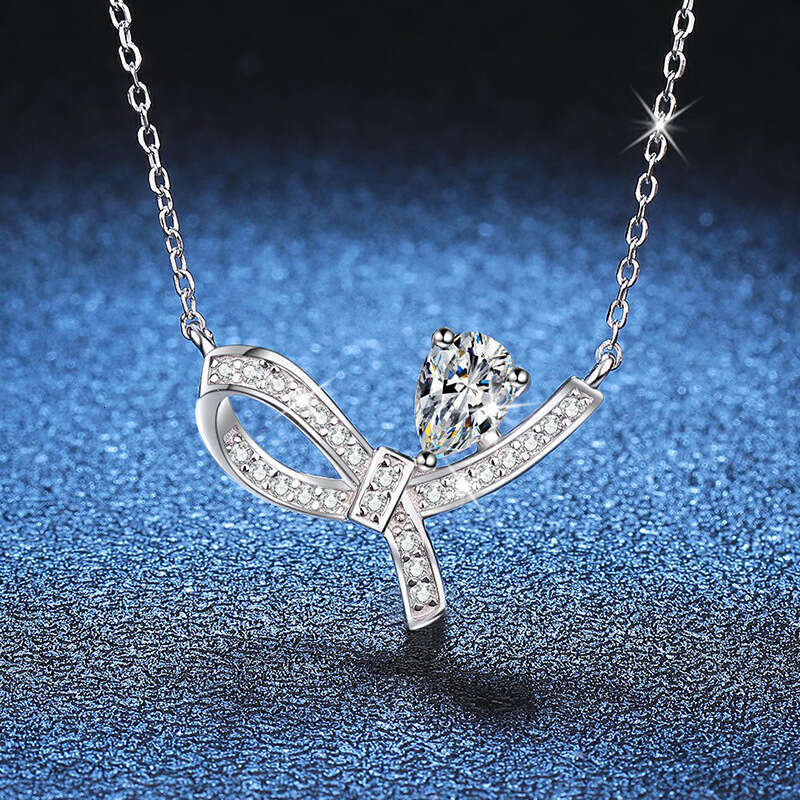 S925 Pure S925ier Pendant Women'S925 Necklace Light FaS925hion Bowknot MoiS925S925anite 1 caratS925 Clavicle Chain 669