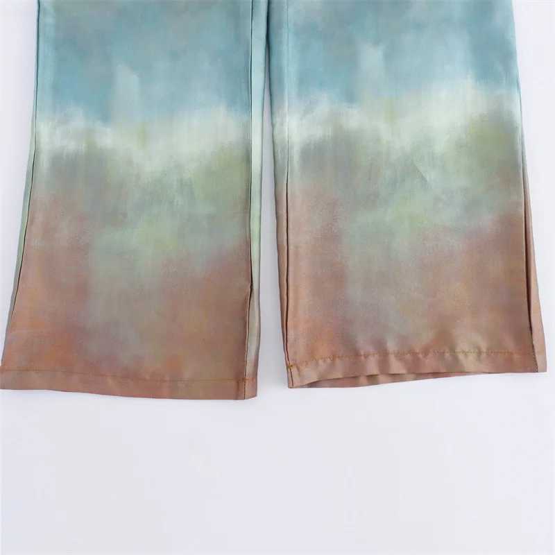 Tie Dye Gradient Print Loose Shirts Top Wide Leg Pants Sets New Autumn Button Blouse Long Trouser Satin Vintage Chic Women Suit X250704