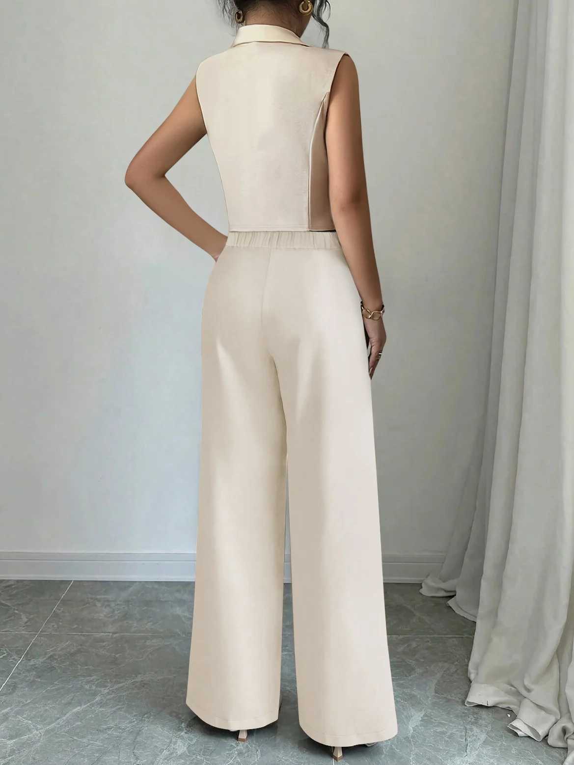 Two Pieces Set Womens Solid Color Button Front Slveless Top and Wide Leg Pants Casual Fashion Cozy Set for Daily Wear X250704