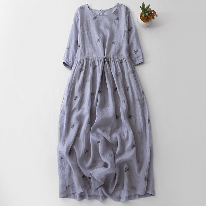 130 original design cotton and linen blend loose large size elegant swing literary embroidery cotton and linen dress picture color