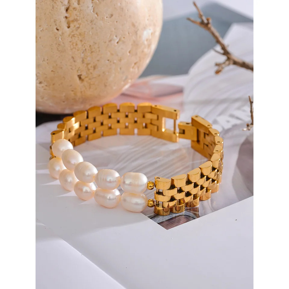 Yhpup Natural Pearls Cuban Chain 316L Stainless Steel Bracelet Bangle High Quality Women Gold Color Premium Jewelry Gift 250628