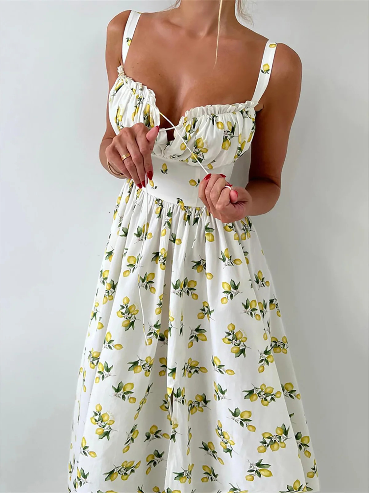 Lemon Printed V Neck Summer Dress Evening Party Bodycon Elegant Long For Women Tight Sleeveless Womens D555 250704