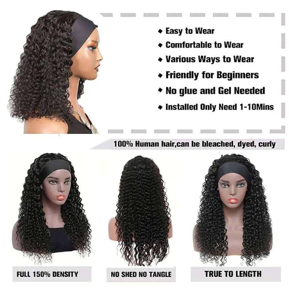 Kinky Glueless Wear and Go Headband Deep Curly Human Hair Wig for Black Women
