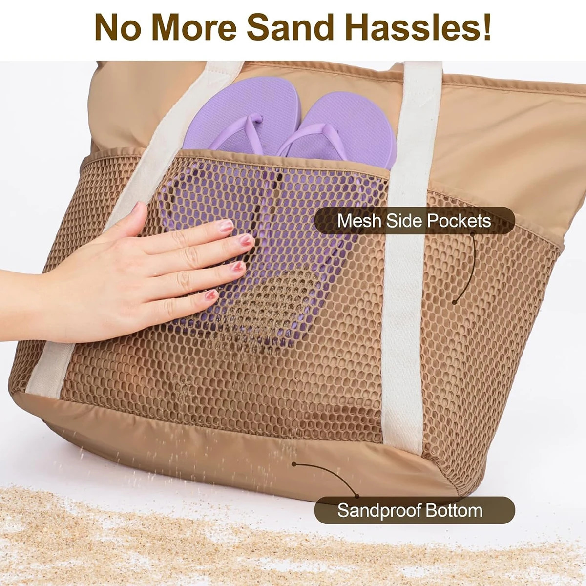 travel tote bagBeach bag sand-proof foldable handbag with zippered mesh pocket daily vacation essentials 250701