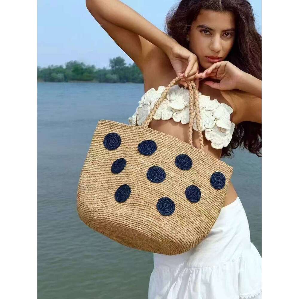 Straw Beach Bag Beach Bags New Summer Raffia Woven Polka Dot Handmade Daily Sweet Versatile Travel Tote Shoulder Bag Beach Tote Bag