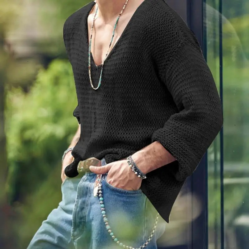 Autumn Mens Clothing Knit T Shirt Solid Color V Neck Long Sleeve Leisure Streetwear Hollow Out Loose Tees S-3XL 250704