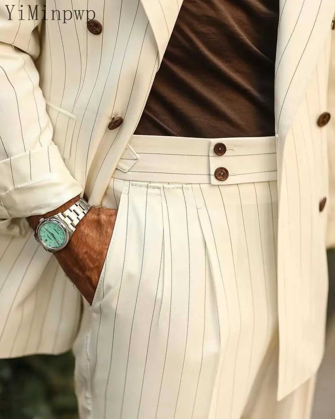 ivoire Pinstripe Men Suits Peaked Lapel Double Breasted Business Suit for Men Blazer Jacket Holiday Tuxedos 2 Piece Bespoke X250704