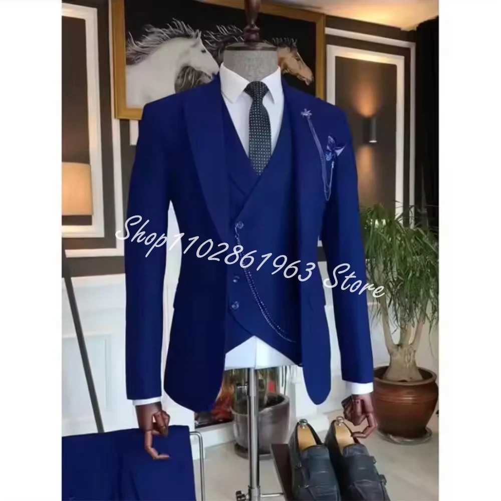 Latest Blue Suit Men 3Pcs Slim Fit Wedding Best Men Groom Tuxedo Double Breasted Jacket Vest Pants Mens Suits X250704