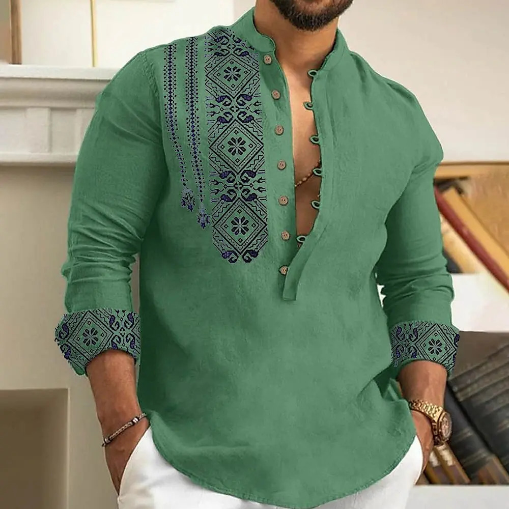 2025 Mens Art Printed Fashion Spring And Summer Long Sleeved Linen Shirt Button Comfortable Fabric Street Trend Roupa Masculina 250704