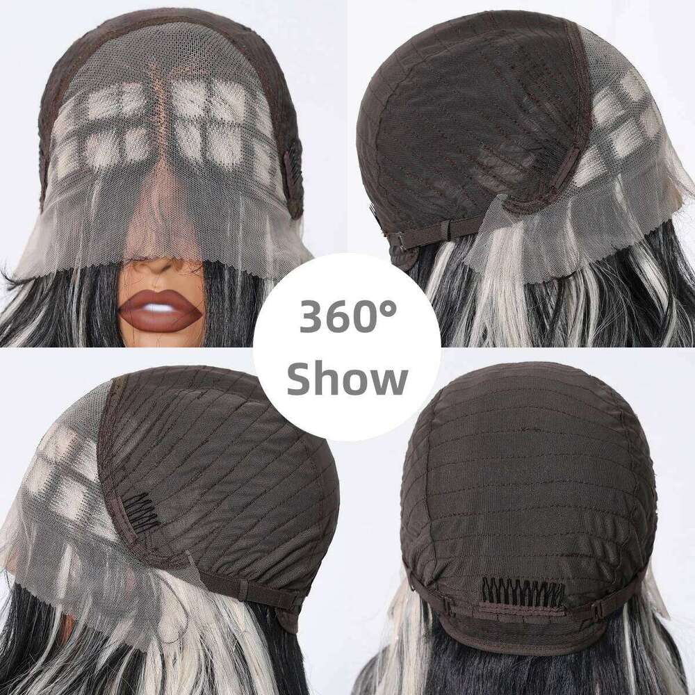 HENRY MARGU Long Wavy Synthetic Front Black White Highlight Curly 13*4 Lace Frontal Natural Wig for Women Daily Use