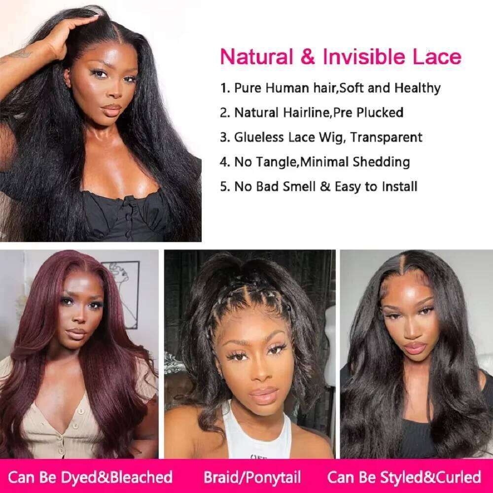 Kinky Straight Glueless Wigs For Women Ready To Wear And Go 180 Density 4x4 Closure Pre Cut Lace Human Hair Wig Natural
