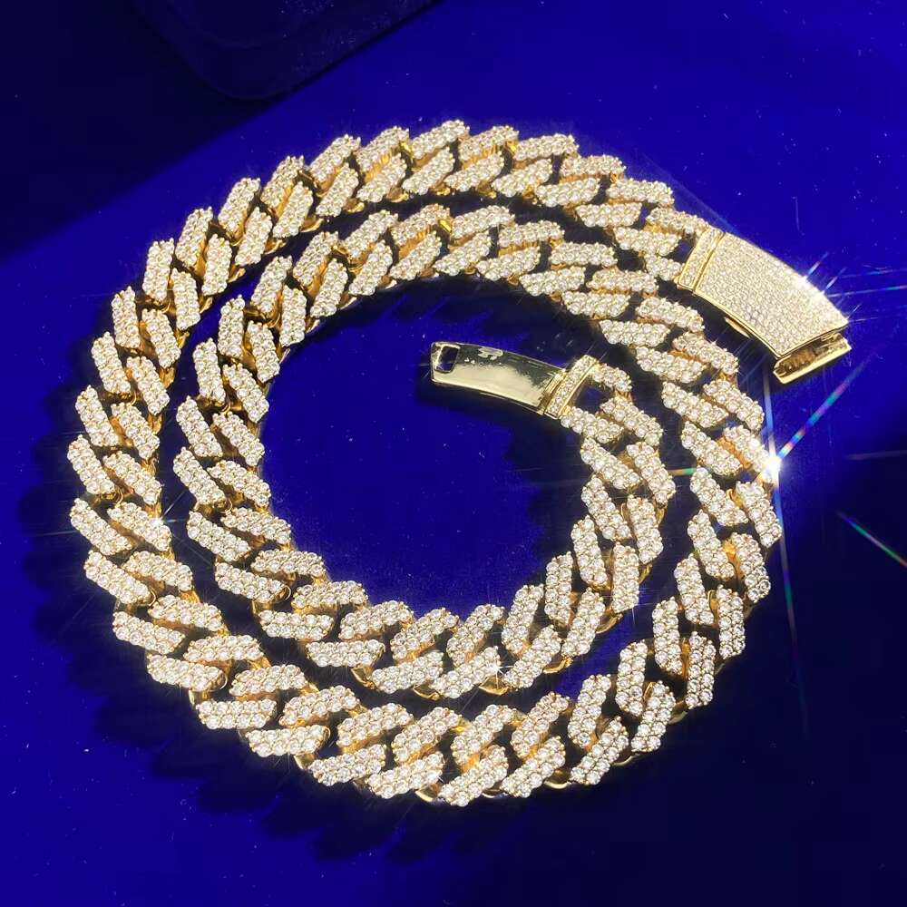 High Quality Rapper Iced Out Vvs Moissanite Diamond 2 Rows 925 Sterling Silver Miami Cuban Chain Gold Plated Necklace