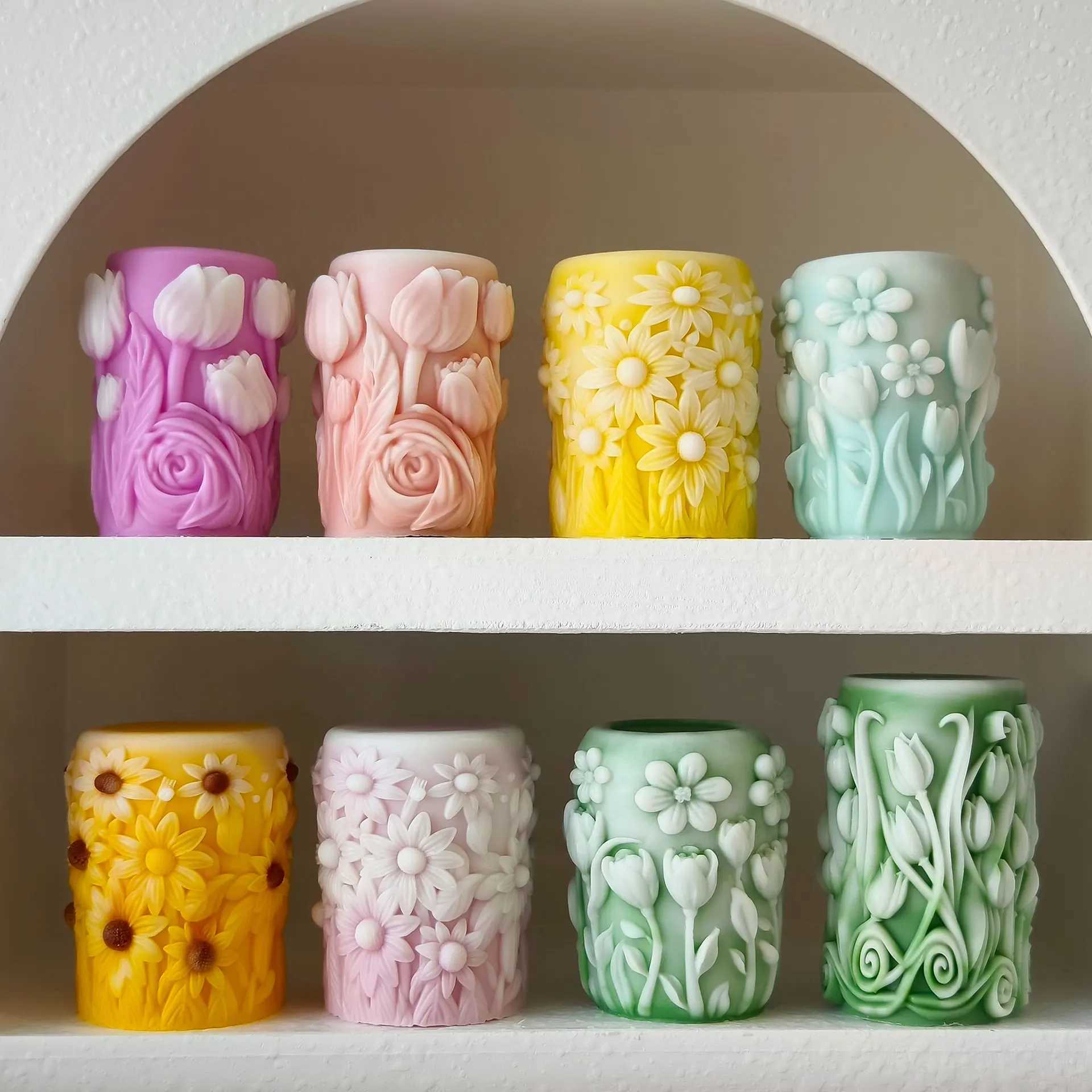 Handmade Aroma candle PlasterOmament Flowers Pillar Molds HomeDecoration 3D cylinder Maple BloomingTulip Silicone Mold W250704