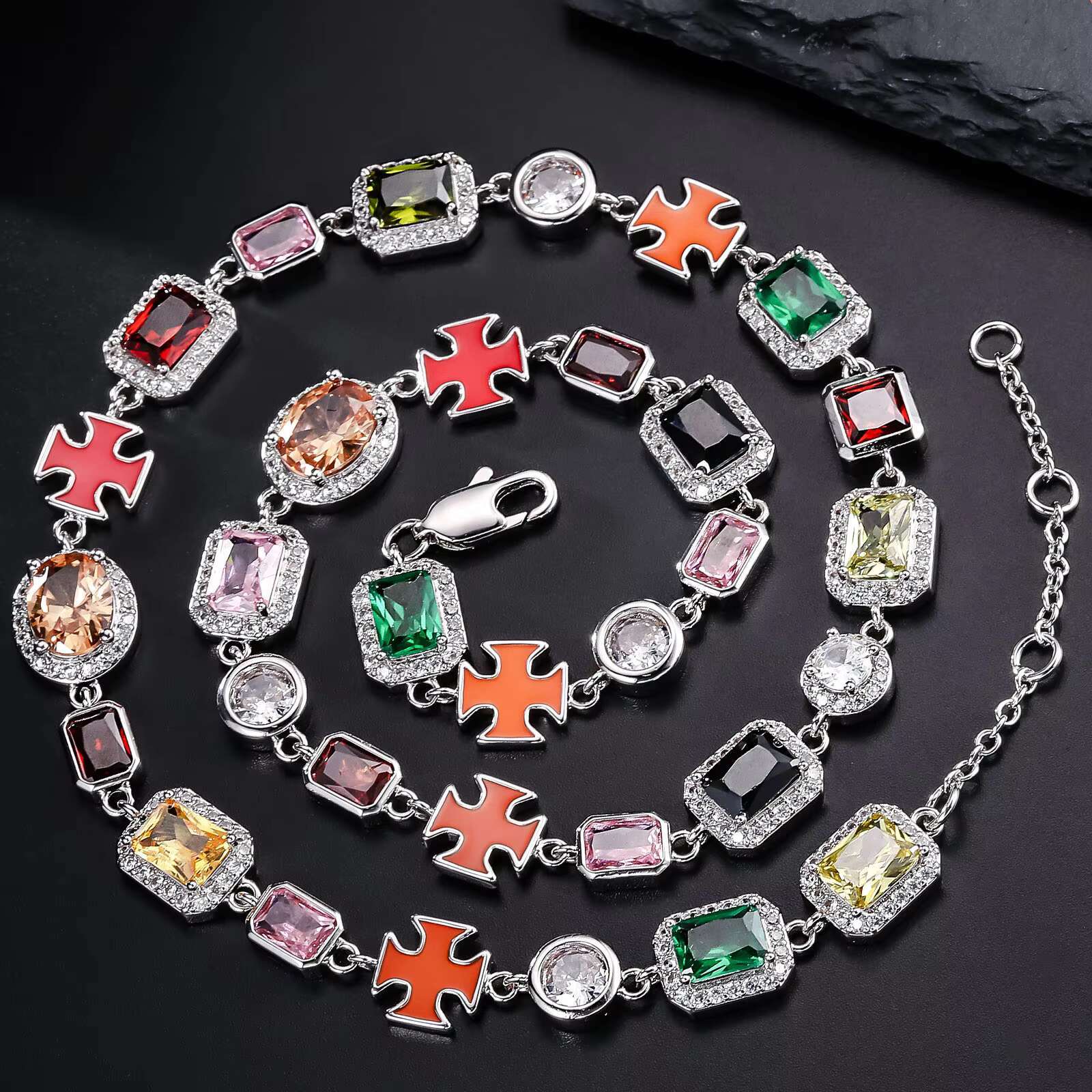 Gorgeous Mixed Gemstone Cross Tennis Chain 5A CZ Enamel Gem 18K Gold Plated Vintage Multi Colored Jewelry Necklace for Women Men