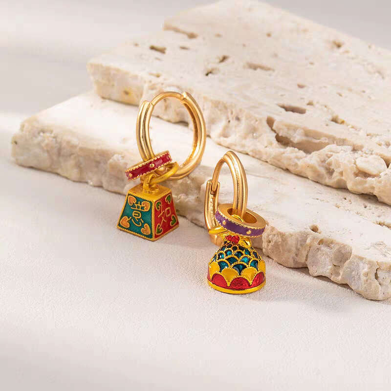 DHcollections Chinese Style Enamel Earrings - Adjustable Vintage Dangle Earrings with Lucky Motifs | New Asian Fashion Boho Ethnic Jewelry