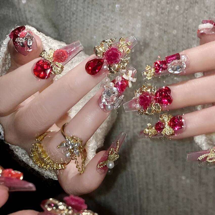 24pcs Heavy Metal Red Crystal Design False Nails 3D Gold Bow Pearl Decor Bride Fake Nail tips Full Cover Dia Press on nails X250704