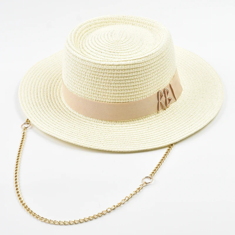 Fashionable Metal RB Letter Straw Hats for Women Elegant Ladies Party Dress Hats Summer Travel Beach Sun Hat Chapeau Femme 250703