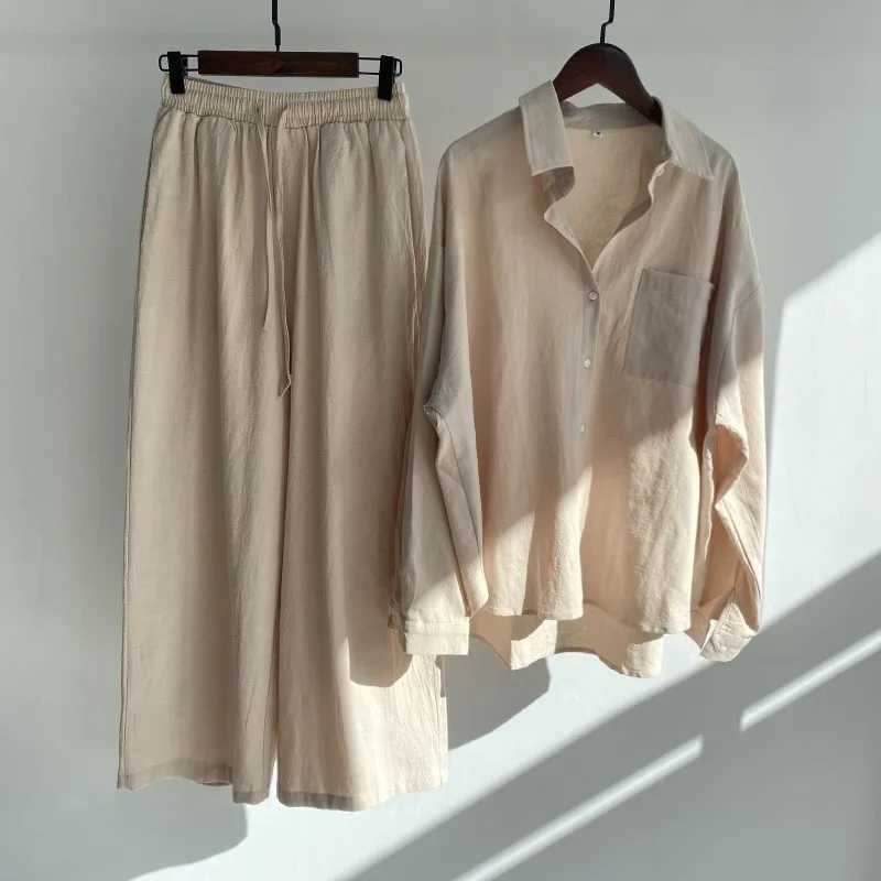 Cotton Linen Two Piece Set For Women Autumn Fashion Casual Long Slve Shirt Wide Leg Pants Suit Elegant Office Lady Outfits X250704