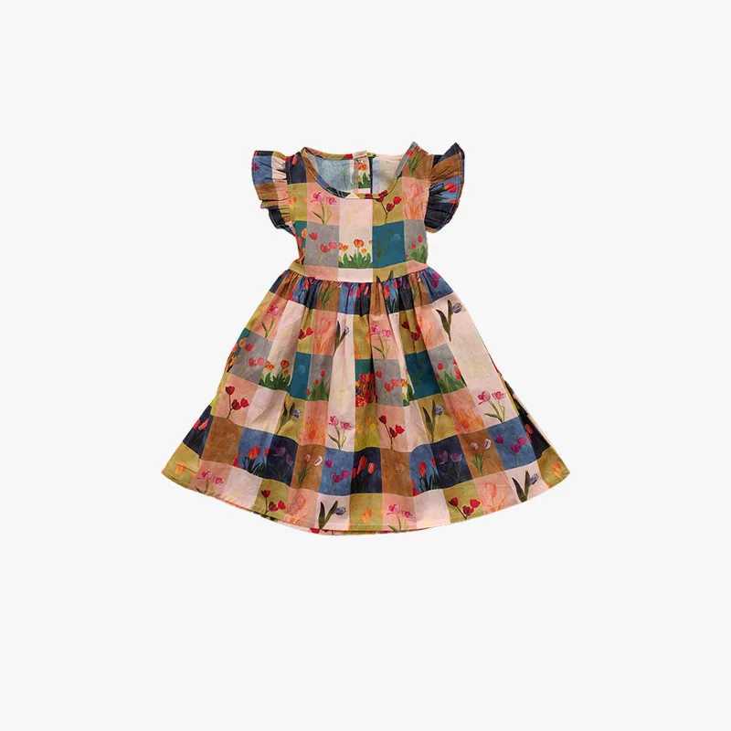 Humor Bear Girls Summer New Korean Checkered Countryside Floral Flying Sle Tank Skirt Dresses Casual Outfit 2-6Y R250704