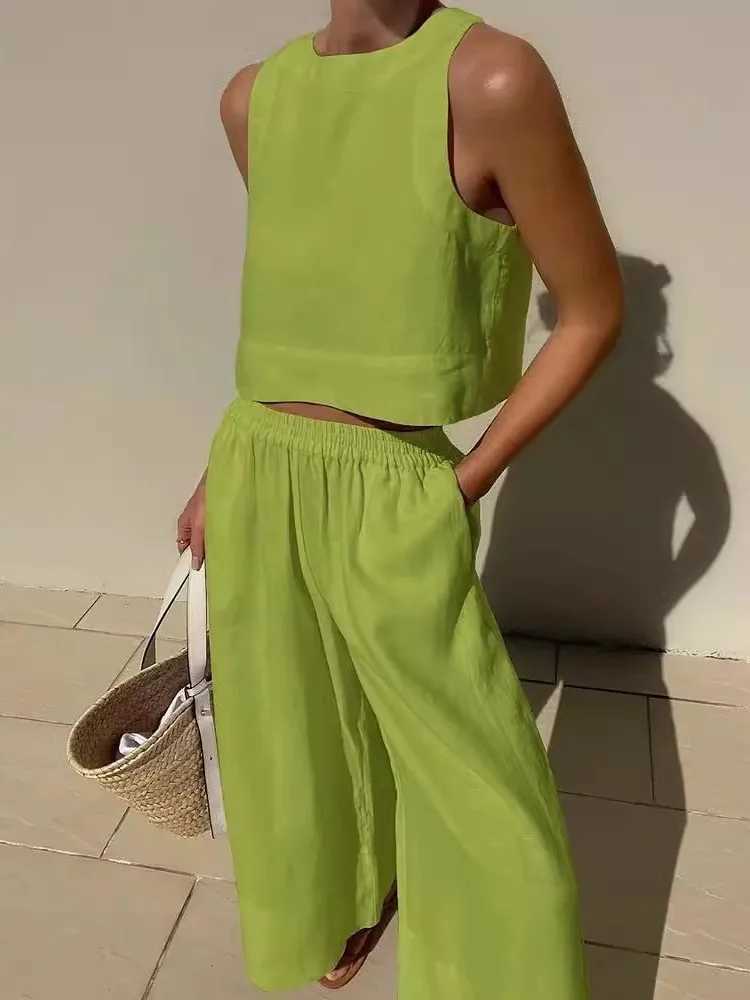 Womens Solid Color Casual Slveless Shirt And Pants Two Piece Summer Loose Simple Wide Leg Pants Vest Female 2025 X250704